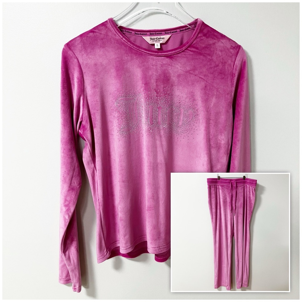Juicy Couture | Pink Velour Rhinestone Plush Pajama Set XL 90s Comfy Girly Y2K